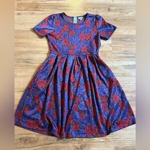 Lularoe Xl Amelia Dress Purple with Red Roses & Pockets A-Line Dress